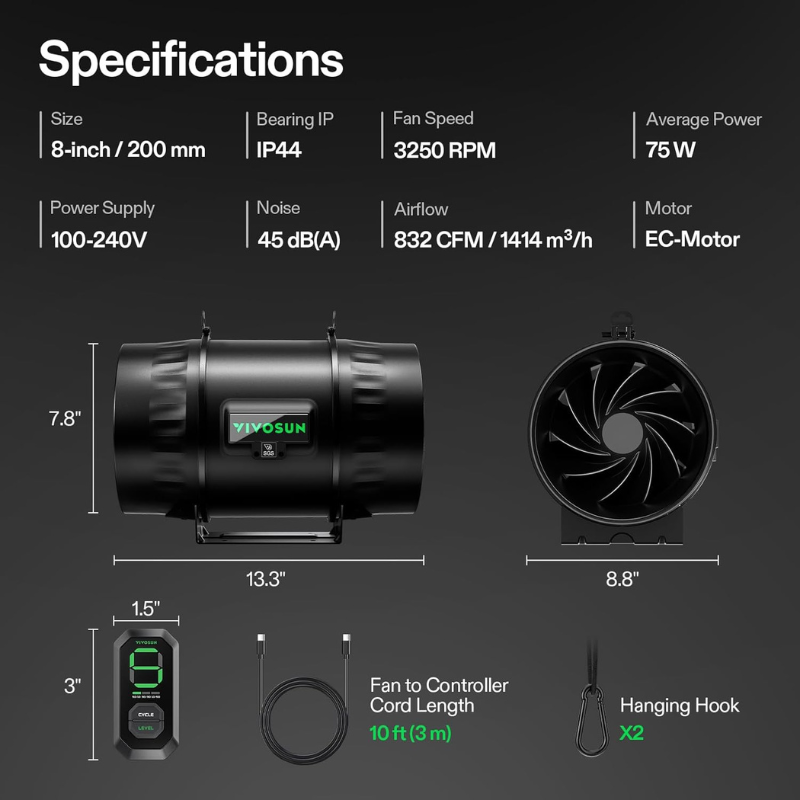 Extractor AeroZesh T8 200mm Vivosun | Ventilación | Kanamart
