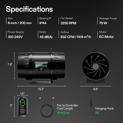 Extractor AeroZesh T8 200mm Vivosun | Ventilación | Kanamart
